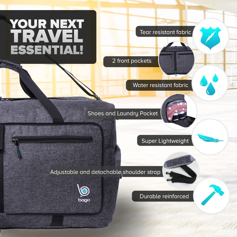 Bago Large Foldable Duffel Bags for Traveling Women & Men - 80L Packable Duffle Bag for Travel with Shoe Compartment - Water Repellant, Heavy Duty, Lightweight Folding & Collapsible (SnowBlack) - Image 2
